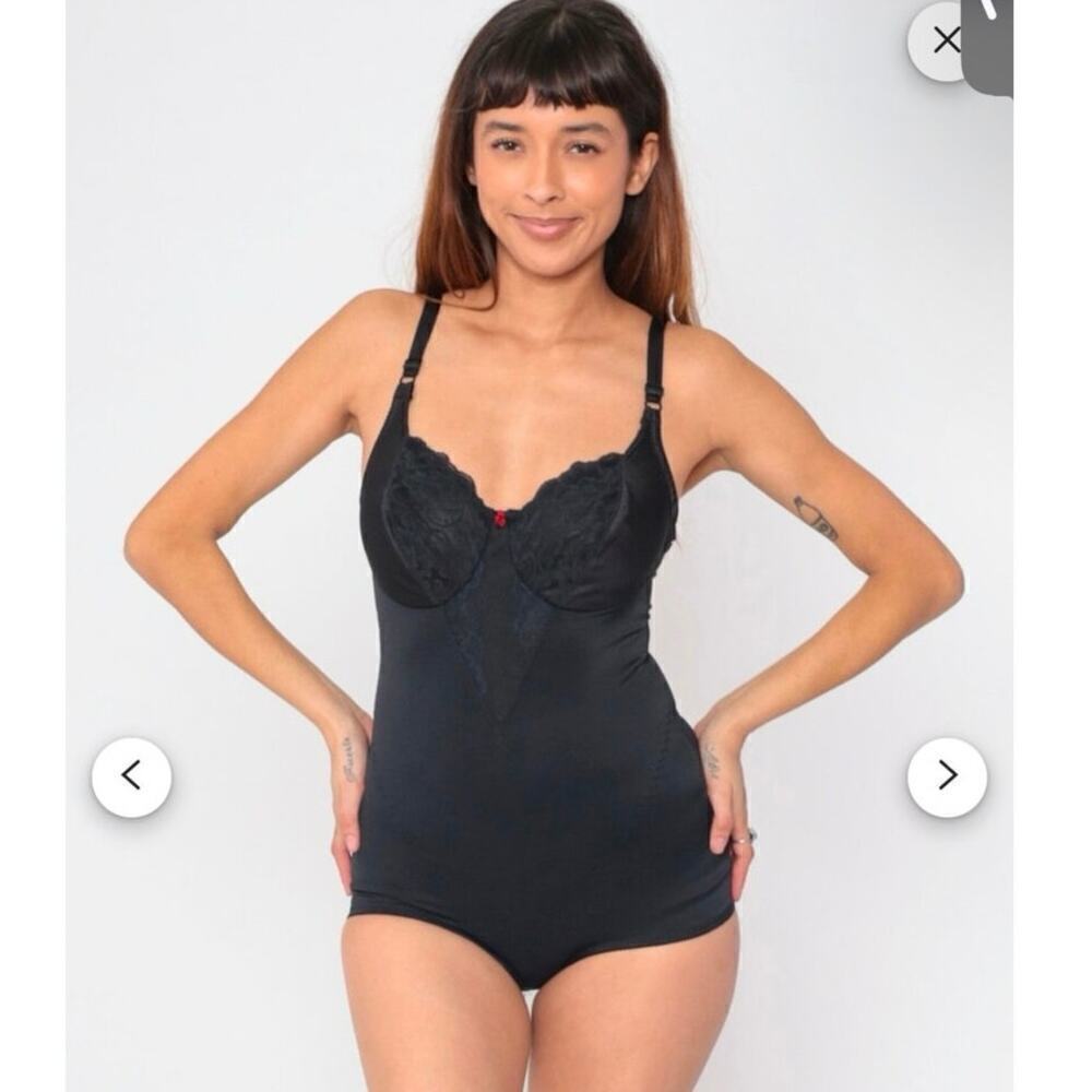 80s Shapewear Bodysuit Black Girdle Vintage Lace Lingerie 34dd